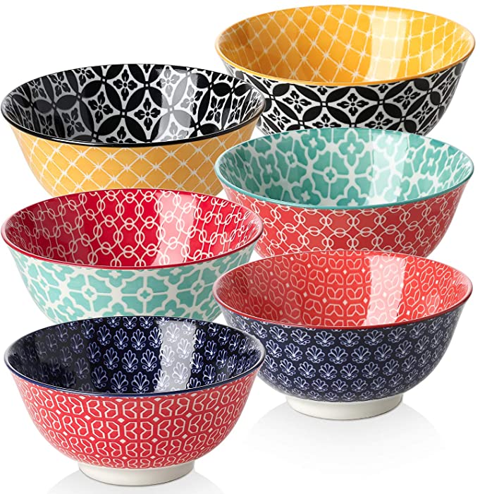 DOWAN Ceramic Cereal Bowls, 23 Oz Vibrant Color Bowls for Kitchen, Soup Bowl Set for Pasta, Salad, Ice Cream and Oatmeal, Set of 6