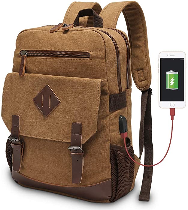 Canvas Backpack for Men Women, Vintage Rucksack Fits Most 15.6 Inch Laptop, Bookbag with USB Charging Port, Brown