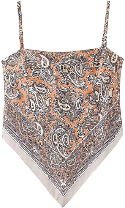 Arjungo Women's Paisley Print Tie Back French Knot Hanky Hem Spaghetti Straps Handkerchief Cami Bandana Tube Crop Top