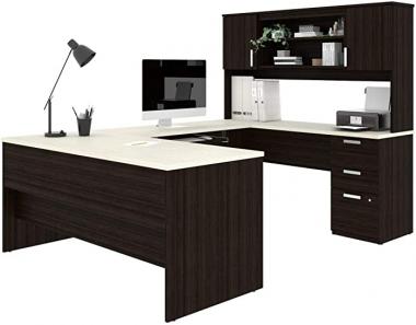 Bestar Ridgeley U-Shaped Executive Desk with Pedestal and Hutch, 65W, White Chocolate