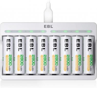 EBL Rechargeable AA Batteries 2800mAh 8 Pack and 8-Bay AA AAA Individual Rechargeable Battery Charger with 5V 2A USB Fast Charging Function