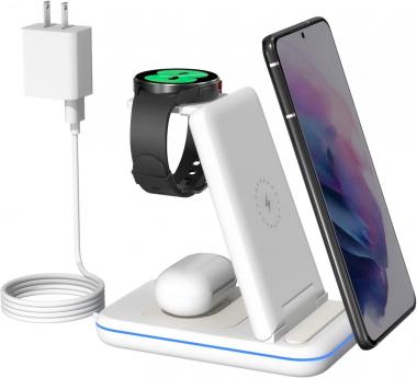 Earteana Wireless Charging Station for Samsung, 3 in 1 Qi-Certified Charger/Stand for Samsung Galaxy Z Flip 3/S21/S20/Note20/10, Galaxy Watch4/Classic/3/1/Active 2/1, Buds+/Live with Adapter (White)