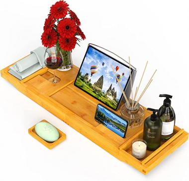 Bamboo Bathtub Caddy Expandable Tub Tray Bath Table Organizer with Book Stand Tablet Holder Wine Glass Slot and Soap Holder for Luxury Spa Bathroom, Adjustable Bath Tray by Pipishell