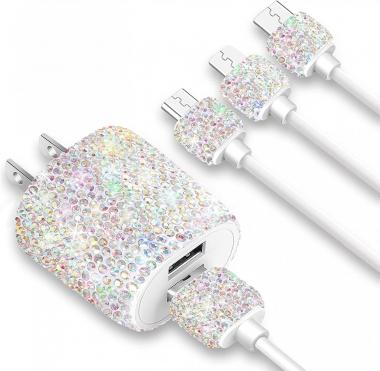 Bling USB Wall Charger with Charging Cable,Fast Block for iPhone Android,3-in-1 Multi Charger Cable Micro USB Type C Multiple USB Cord with Crystal,Cell Phone Accessories for Women,Girls (Multicolor)