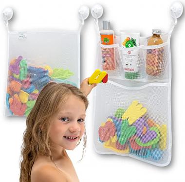 2 x Mesh Bath Toy Organizer + 6 Ultra Strong Hooks – The Perfect Bathtub Toy Holder & Bathroom or Shower Caddy – These Multi-use Net Bags Make Baby Bath Toy Storage Easy – For Kids & Toddlers