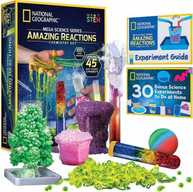 NATIONAL GEOGRAPHIC Amazing Chemistry Set - Mega Chemistry Kit with Over 15 Science Experiments, Make Glowing Worms, a Crystal Tree, Fizzy Solutions, and More, Great STEM Gift for Girls and Boys