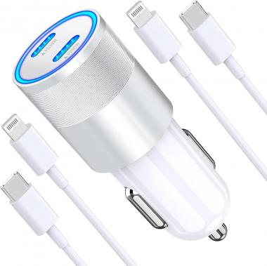 [Apple MFi Certified] iPhone Car Charger, KYOHAYA 60W Dual PD USB-C Power PPS Super Fast Car Charger with 2 Pack Type C to Lightning Quick Charging Cable for iPhone 14/13/12/11/XS/XR/X/SE/iPad/AirPods