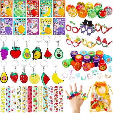 96 Pcs Fruit Party Favors Summer Fruits Theme Birthday Gifts Set Make a Fruit Sticker Stress Ball Slap Bracelet Glass Ring Keychain Stamper Gift Bag Pinata Fillers Classroom Prizes