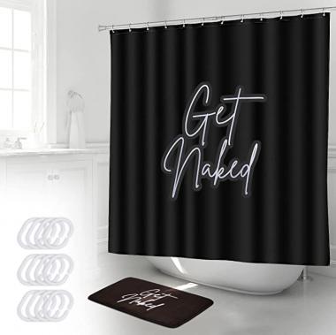 Get Naked Shower Curtain and get naked bath mat set - Shower curtain black with White writing - Neon Sign - Perfect get naked sign for bathroom shower curtain with writing- Decor with 12 Plastic Hooks