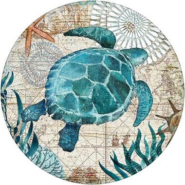 Uphome Round Bathroom Rugs 2-ft Sea Turle Foam Bath Mat Non Slip Flannel Coastal Navigation Map Bath Rug for Shower Floors, Summer Ocean Life Bathroom Decorations