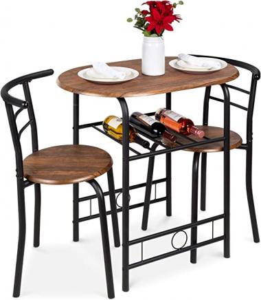 Best Choice Products 3-Piece Wooden Round Table & Chair Set for Kitchen, Dining Room, Compact Space w/Steel Frame, Built-in Wine Rack - Black/Brown