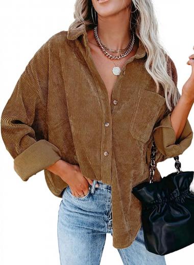 Astylish Women Corduroy Shirts Casual Long Sleeve Button Down Blouses Top