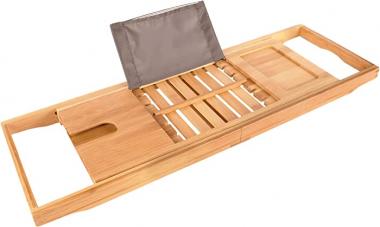 Premium Bath Caddy - Extendable Bamboo Wood Bathtub Tray with Adjustable Reading Rack for Book, iPad or Kindle - Tablet Slot or Cellphone - Wine Glass Holder