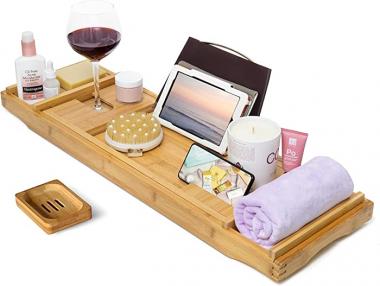 CINEYO Luxury Bamboo Bathtub Caddy Tray - Expandable Bath Table Over Tub with Wine Glass Book and Phone Holder and Free Soap Dish