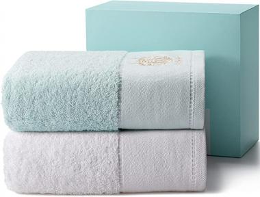 WIIKWEEK 100% Cotton Bath Towel Set, 27"x 54" Ultra Soft & Highly Absorbent, Large Fluffy Luxury 600 GSM Bath Towels for Daily Use, Bathroom Hotel & SPA Premium Quality (2 Piece, Blue White)