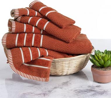 Luxury Cotton Towel Set - Rice Weave 100% Egyptian Cotton 6 Piece Set with 2 Bath Towels, 2 Hand Towels and 2 Washcloths - Orange