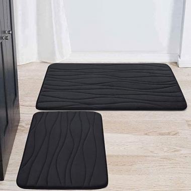 Buganda Memory Foam 2 Pieces Bath Rugs Set - Soft Non-Slip Thick Bath Mats and Contour Toilet Rug, Absorbent Washable Bathroom Rugs and Mats Sets (17" x 24" + 20" x 32", Black)