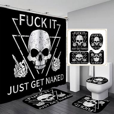 Camille&Andrew 4PCS/Set Fuck It Just Get Naked Shower Curtain, White Skeleton Triangle Funny Words Art Bathroom Decor, Fabric Black Bath Curtain, Non-slip Bath Rug Toilet Mat, Skull with Middle Finger