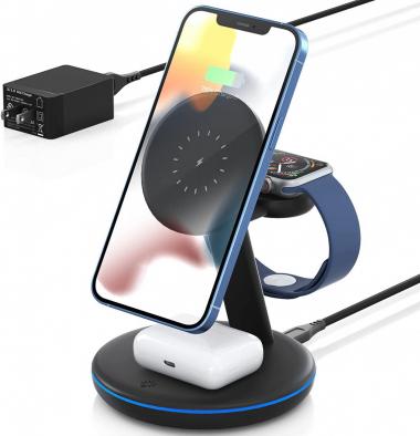 Magnetic Wireless Charger 3 in 1, PEXXUS 15W Fast Mag-Safe Charger Stand Wireless Charging Station for iPhone 14 13 12 Pro/Max/Mini,AirPods Pro/3/2, Apple Watch 7/6/SE/5/4/3/2(QC3.0 Adapter Included)