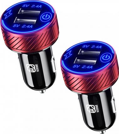 【2Pack】 USB Car Charger, Dual USB Port Car Charger Adapter, 5V/4.8A Charge Car Phone Charger with Blue LED & Touch Switch Fit for iPhone 13/12 Pro/Max/8, Galaxy S21/20/10/9 (Red)