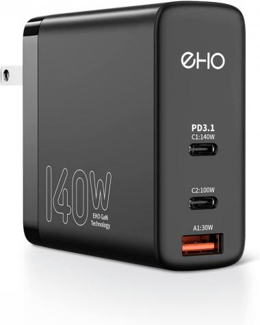 EHO 140W USB C Wall Charger for MacBook Pro 16", PD 3.1 3-Port GaN III USB C Power Adapter 45W PPS Super Fast Charging Travel Charger Compatible w/Laptops, MacBook Pro/Air, iPhone, Samsung