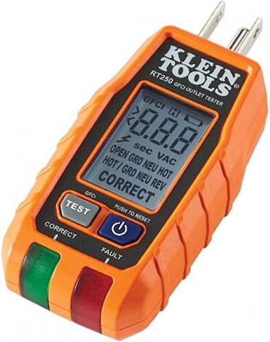 Klein Tools RT250 GFCI Receptacle Tester with LCD Display, for Standard 3-Wire 120V Electrical Outlets