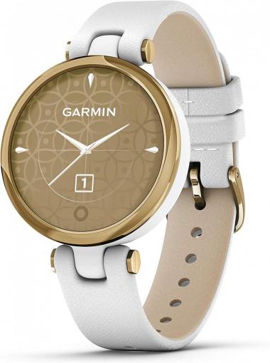 Garmin Lily™, Small Smartwatch with Touchscreen and Patterned Lens, Light Gold with White Leather Band