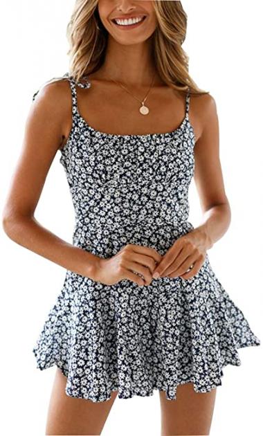 Women's Floral Rompers Short Jumpsuit Pleated Mini Dress Spaghetti Strap Playsuit