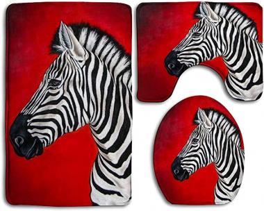 SARA NELL 3 Pcs Bath Rugs Zebra Red Bathroom Rugs and Mats Sets,Memory Foam Bathroom Rugs Sets for Bathroom Washable U-Shaped Contour Rug,Mat,Lid Cover,Non Silp Rubber Back