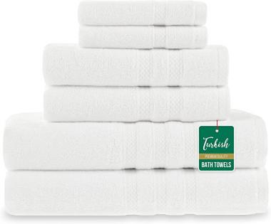 Turkish Bath Towel Set for Bathroom & Hotel 650 GSM Double Stitched Edges & Double Piles, 2 Hand Towels for Bathroom, 2 washcloths for face & 2 Luxury Bathroom Towels Set for Bath 6-Pack, White