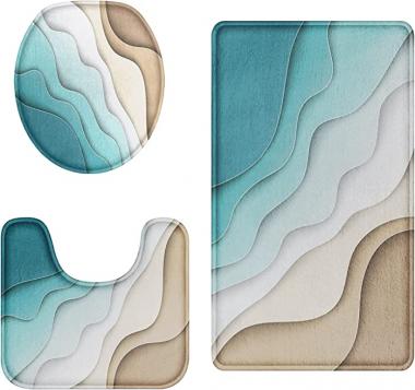 Britimes Bathroom Rug Set of 3, 3 Pieces Bath Mats Set for Bathroom, Blue Abstract Beach No Silp Washable Cover Floor Rug Decorations for Kitchen Bathroom Bedroom