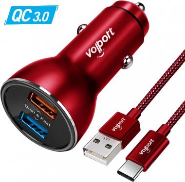 39W Fast Dual USB Car Charger, VOLPORT 3A Metal Rapid LED Light Adapter Support Quick Charging with 3.3ft USB C Braided Charging Cable Cord for Samsung Galaxy S22 Note 20 10 Plus S21+ S20 S10 etc Red