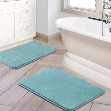 Bath Mat Memory Foam Set Bathroom Rug Set Flannel Velvety Bath Mat Luxury Extra Soft and Absorbent Non Slip Rugs for Bathroom/Bedroom Washable(2 Pack- 20"x 32"/ 17"x 24", Eggshell Blue)