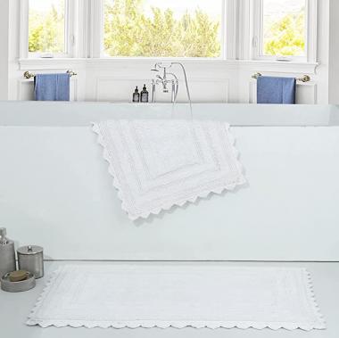 Bath Rugs for Bathroom- Set of 2, White- Luxury Reversible Cotton Bath Rugs (17x24/17x24) Plush and Thick Bath Mat- 220GSF- Ultra Soft- Highly Water Absorbent Bathroom Rug- Machine Wash-(Rectangle)