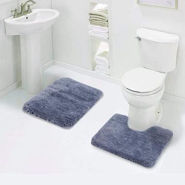 Walensee Shaggy 2 Piece Bath Rug Sets (Blue) 20 x 24 U Shape Contour Rug & 20 x 32 Bathroom Rug Machine Wash/Dry Bath Mats for Bathroom Plush Absorbent Bathroom Rugs and Mats Set Non Slip