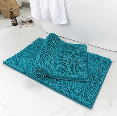 MIULEE 2-Piece Luxury Chenille Bathroom Rugs Non Slip Soft Shaggy Bath Mats Extra Absorbent for Tub Shower and Bath Room (Peacock Blue, 20x32 Inches)