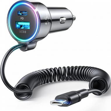 USB C Car Charger, 55W 3-Fast Port Super Fast Car Charger PD& QC3.0 with 5ft 30W Super Fast Type C Coiled Cable, Car Charger for Samsung Galaxy S22/21/iPhone/Google Pixel/Moto/LG/Android, iPad Pro