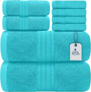 DAN RIVER 100% Cotton Bathroom Towel Set|2 Oversized Bath Towels 30x52| 2 Hand Towels 16x28| 4 Wash Cloths 12x12| Ideal for Home Hotel and Spa| Ultra Soft|Absorbent| Aqua Towel Set|600 GSM| 8 Pc