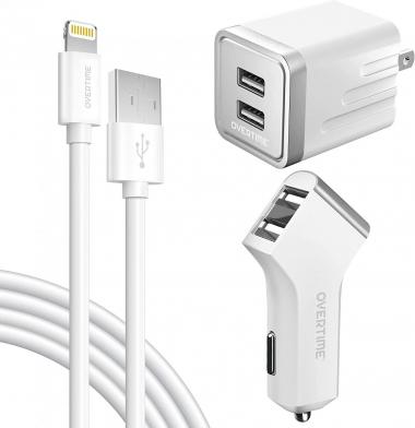 iPhone Charger, Overtime Apple MFi Certified 4ft Lightning USB Cable with Dual Port Wall & Car Charger Adapter for iPhone 11 Pro Max X Xs XR 8 7 6s 5 SE, iPad Pro Air Mini - White