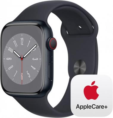 Apple Watch Series 8 [GPS + Cellular 45mm] Smart Watch w/ Midnight Aluminum Case with Midnight Sport Band - S/M with AppleCare+ (2 Years)