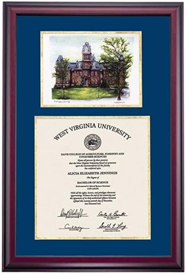 OCM DiplomaDisplay Premier Frame for West Virginia University WVU Mountaineers | 11" x 14" Diploma Certificates | Navy/Gold Mat | Woodburn Hall Watercolor | Graduation Gift