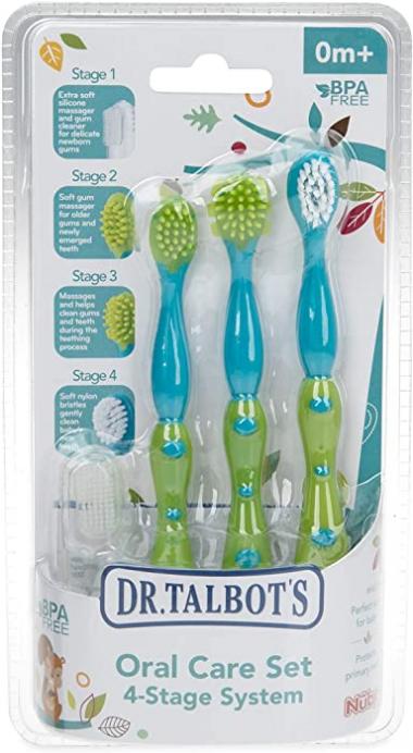 Dr. Talbot's Oral Care Set with Stand; 4-Stage System with 1 Silicone Finger Massager, 2 Massaging Brushes, 1 Soft Nylon Bristle Toddler Toothbrush; 0+ Months, Blue & Aqua