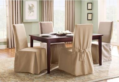 SureFit Cotton Duck Canvas Long Dining Room Chair Covers, Dining Chair Cover with 17 Inch Long Skirt and Corner Pleats, Removable and Machine Washable, Tan