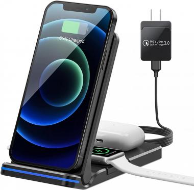 Wireless Charger 3 in 1 Wireless Charging Station Qi Fast Charger Stand for iPhone 13/12/11/Pro/Max/XR/XS/XS Max/X /8/8 Plus, Apple Watch, Airpods 2/Pro, Samsung Galaxy Phone with 18W Adapter, Black