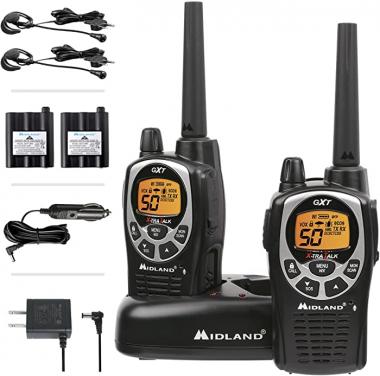 Midland 50 Channel Waterproof GMRS Two-Way Radio - Long Range Walkie Talkie with 142 Privacy Codes, SOS Siren, and NOAA Weather Alerts and Weather Scan (Black/Silver, Pair Pack)