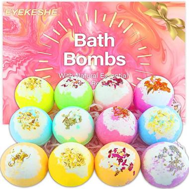 EYEKESHE Bath Bombs Gift Set for Women Kids 12 Pcs, Handmade Organic Natural Sea Salt Shower Bombs for Bubble Bath SPA, Festival Birthday Best Gifts for Her Girlfriend Wife Mothers (Pink Package)