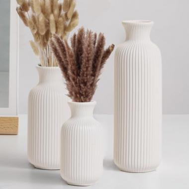 White Ceramic Vase Set of 3, Modern Vases Home Decor, Pampas Grass Vase and Boho Vase,Minimalist Decor for tables, bookshelves, mantelpieces, living rooms and bedrooms（Vertical stripes Vase）