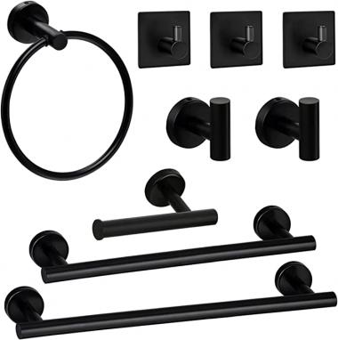 Bathroom Hardware Set, 9-Piece Matte Black Bath Accessories Set Wall Mount Includes 18/24" Towel Bar,Toilet Paper Holder, Towel Ring, 5 Hooks SUS304 Stainless Steel,Heavy Duty, Black…