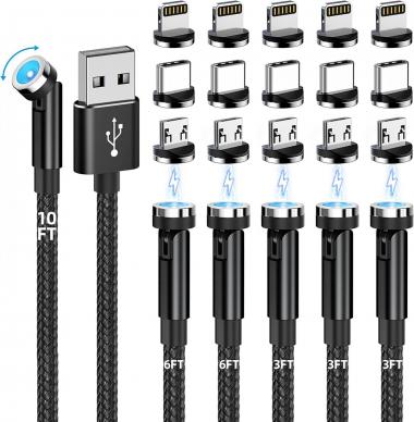 Magnetic Charging Cable, 540° Rotating Magnetic Phone Charger [6-Pack, 3ft/3ft/3ft/6ft/6ft/10ft] 3 in 1 Magnetic Charger Cable Nylon Braided Magnetic USB Cable for iPhone/Micro USB/Type C Device