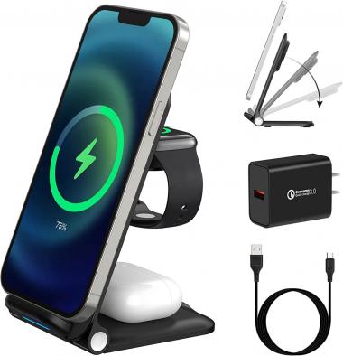 Wireless Charging Station Wireless Phone Charger 3 in 1 Charging Station Charger Station Wireless Phone Stand and Watch Charging Fast Qi Cordless Adapter Dock Charge Foldable Black